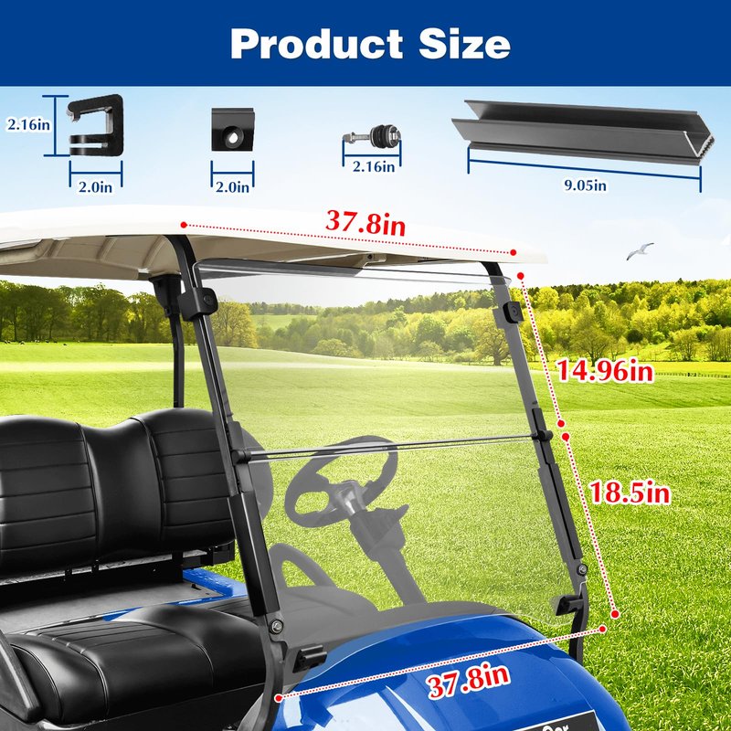 NOKINS Golf Cart Windshield Compatible with Club Car Precedent (2004-Up),Tempo,2017-Up Onward Gas or Electric Golf Cart Folding Style Windshield Tinted,Hinge folding design