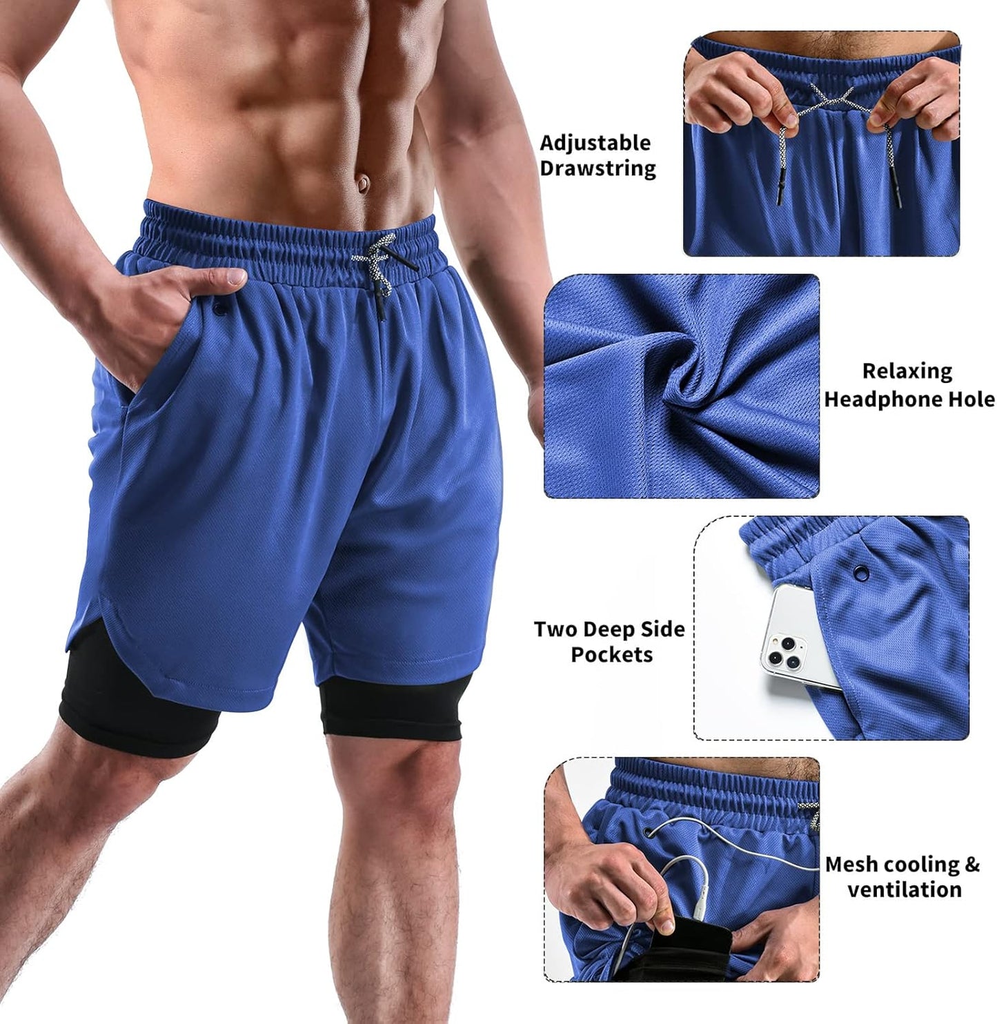 Skiennix 2-in-1 Men's Gym Shorts - Casual Running Shorts with Pockets & Towel Loop | 7 Inch, 2 Pack
