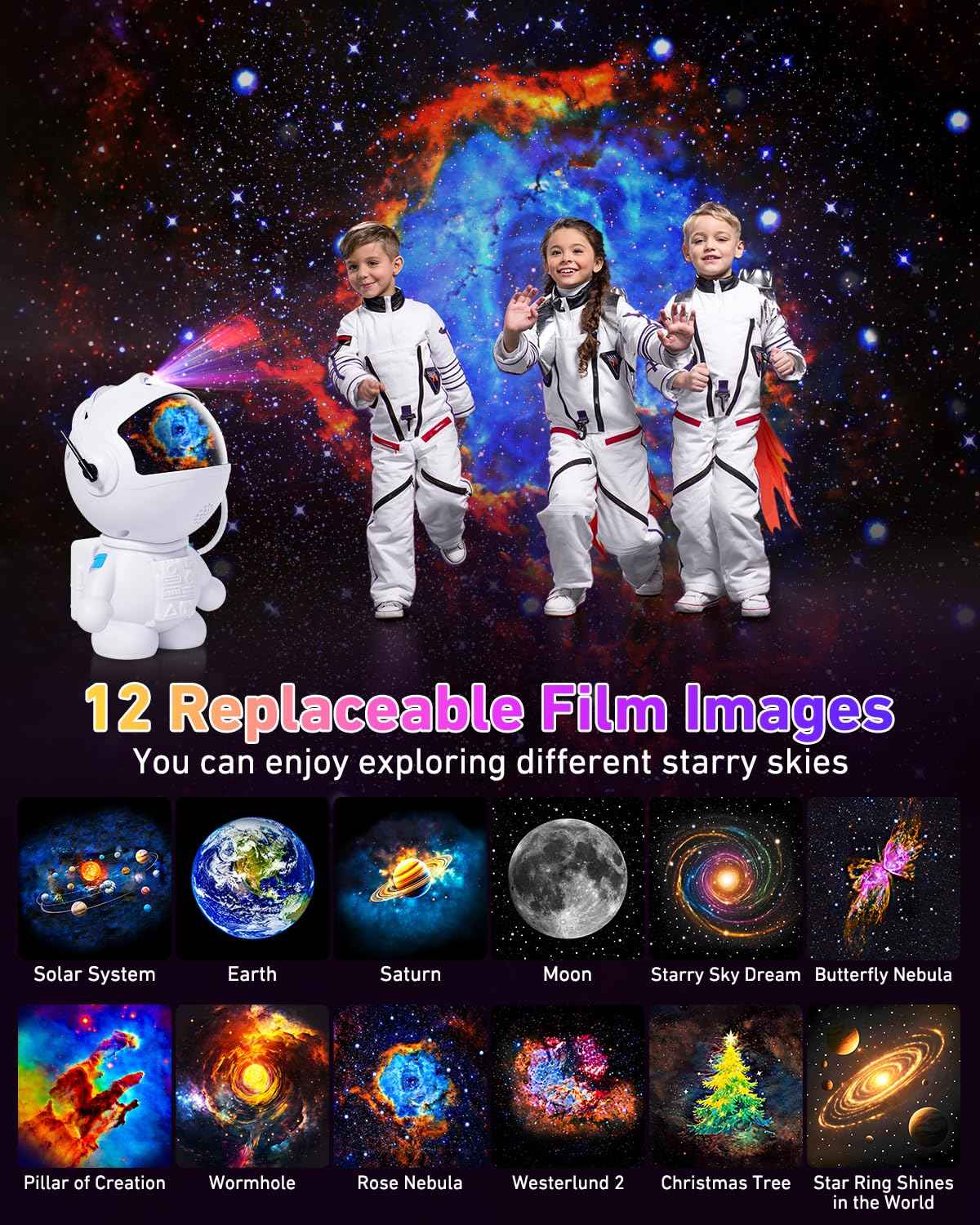 Astronaut Galaxy Projector,Star Projector with 12 Space Films,Galaxy Projector for Bedroom with Timer and 360°Rotating Magnetic Head,Planetarium projectors is Suitable for Kids and Adults (White)