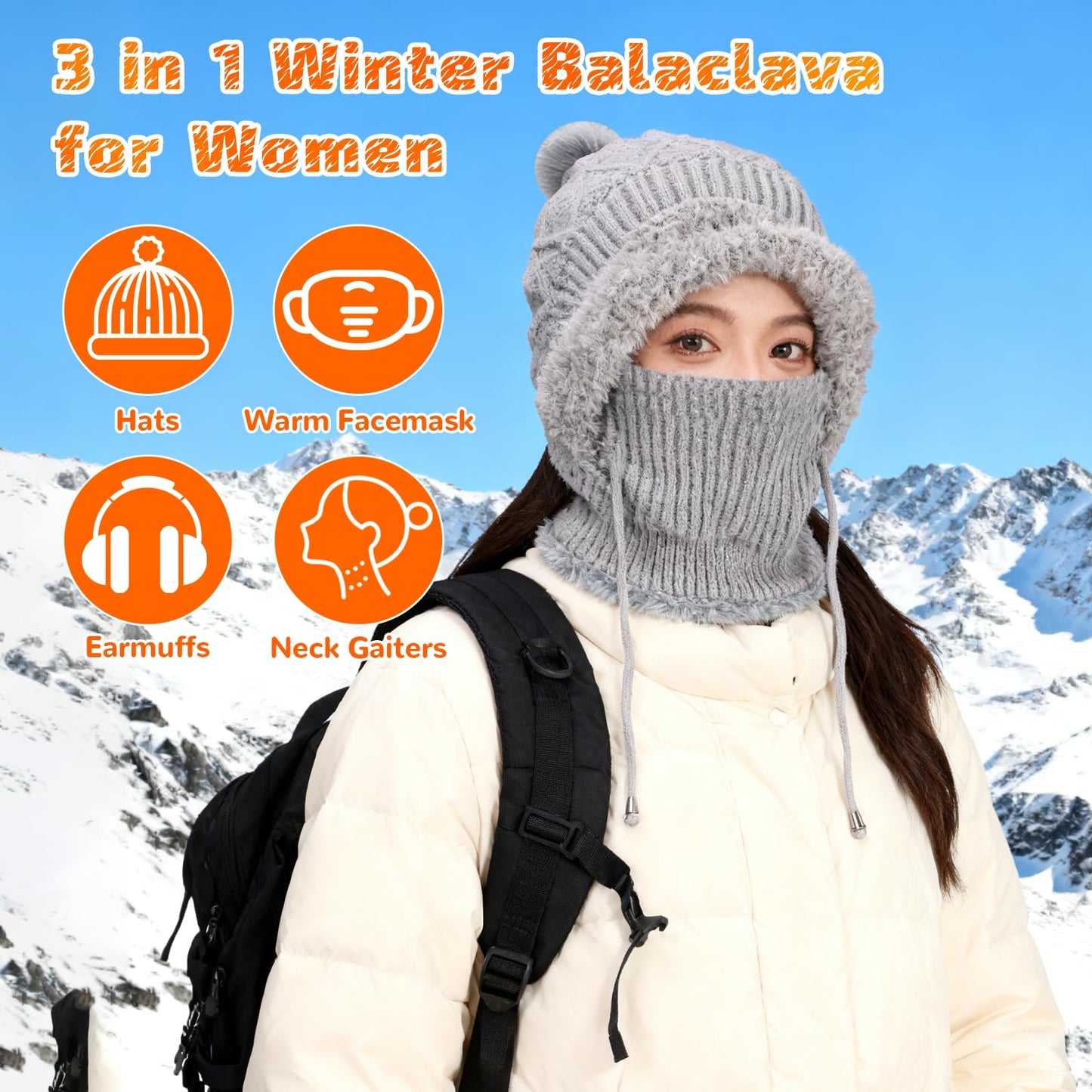 3 in 1 Beanie Hat with Scarf and Mask, Women's Outdoors Windproof Scarf Hat, Knitted Ski Mask Set (Grey)