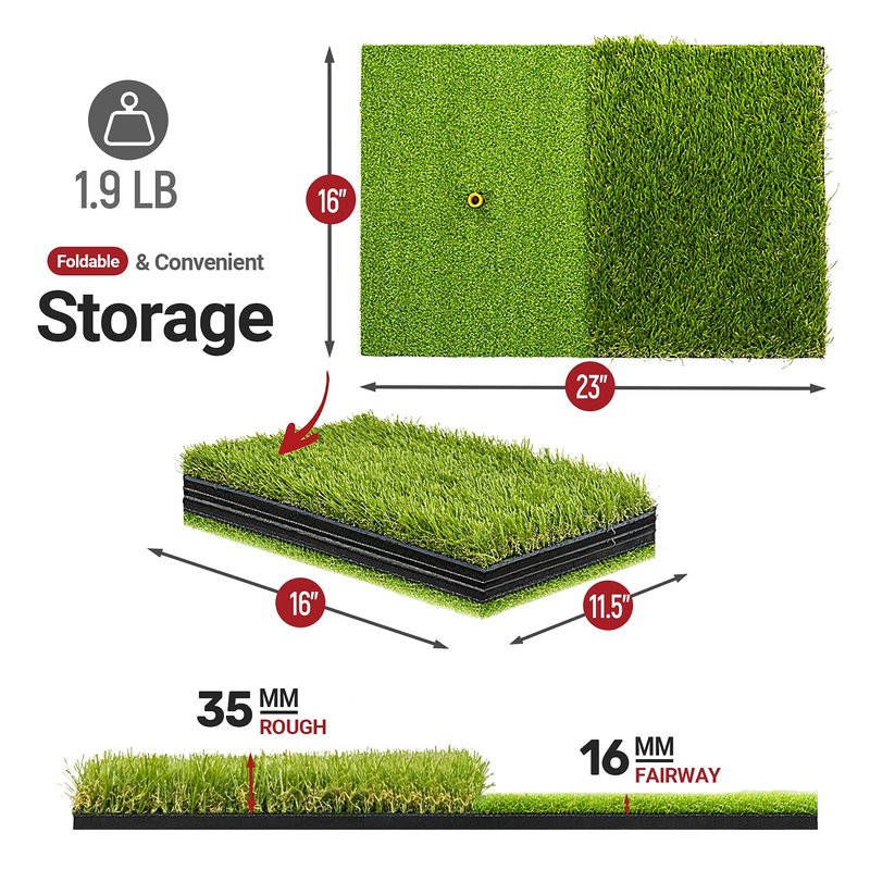 SAPLIZE 23" x 16" Foldable Golf Hitting Mat, 2-in-1 Golf Turf Grass Mat, Rough and Fairway for Hitting, Chipping and Putting Golf Practice and Training Mat for Indoor/Outdoor