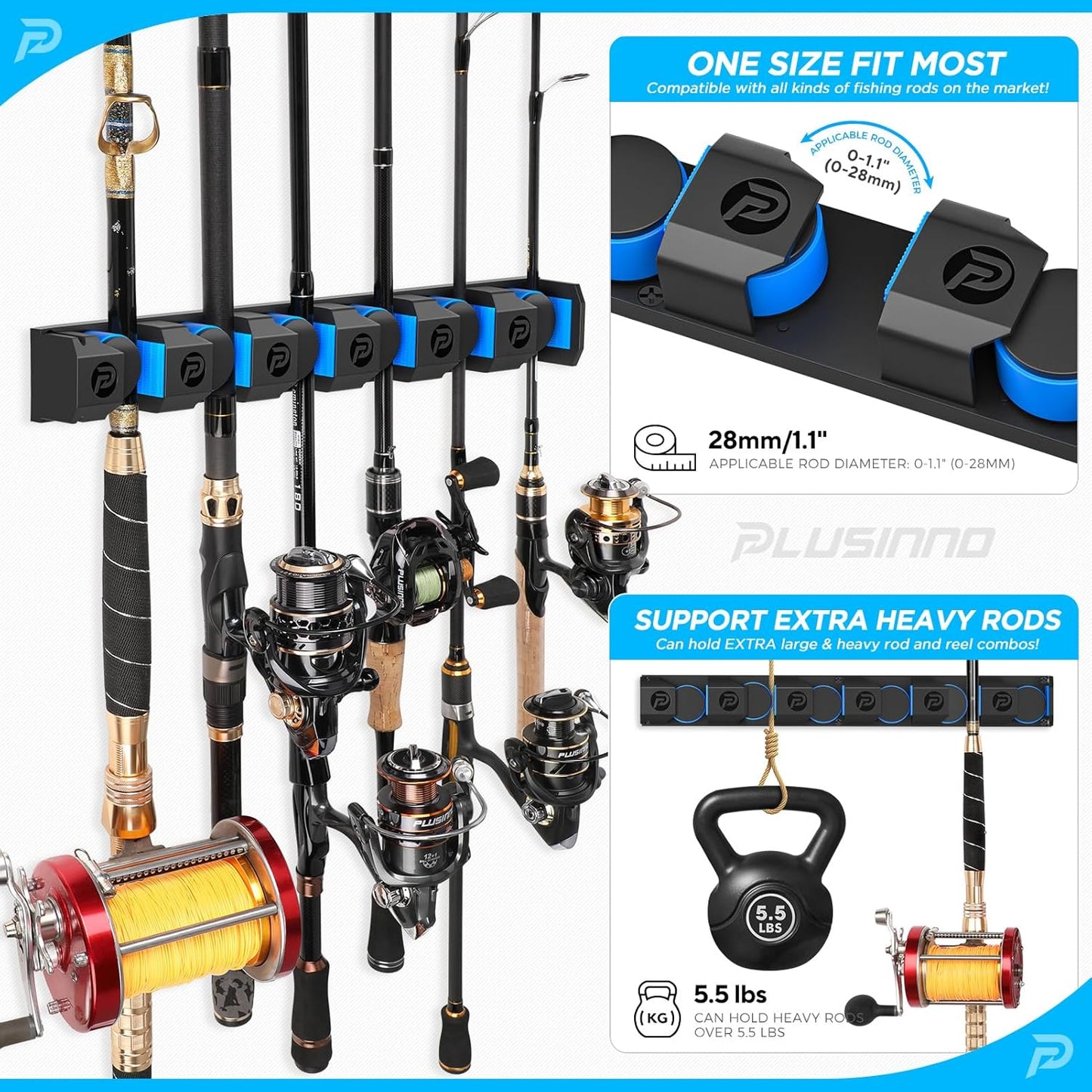 PLUSINNO Fishing Rod Holders - V6 Vertical Wall-Mounted Storage for Heavy Rod Combos | Durable & Space-Saving