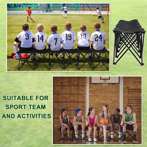 GlikCeil Folding Soccer Team Bench Seat Portable Sports Team Bench Unfolded Sideline Chair Playing Field Bleachers for Football Outdoor Sports Events with Storage Bag, No Assembly(Black,6 Seats)