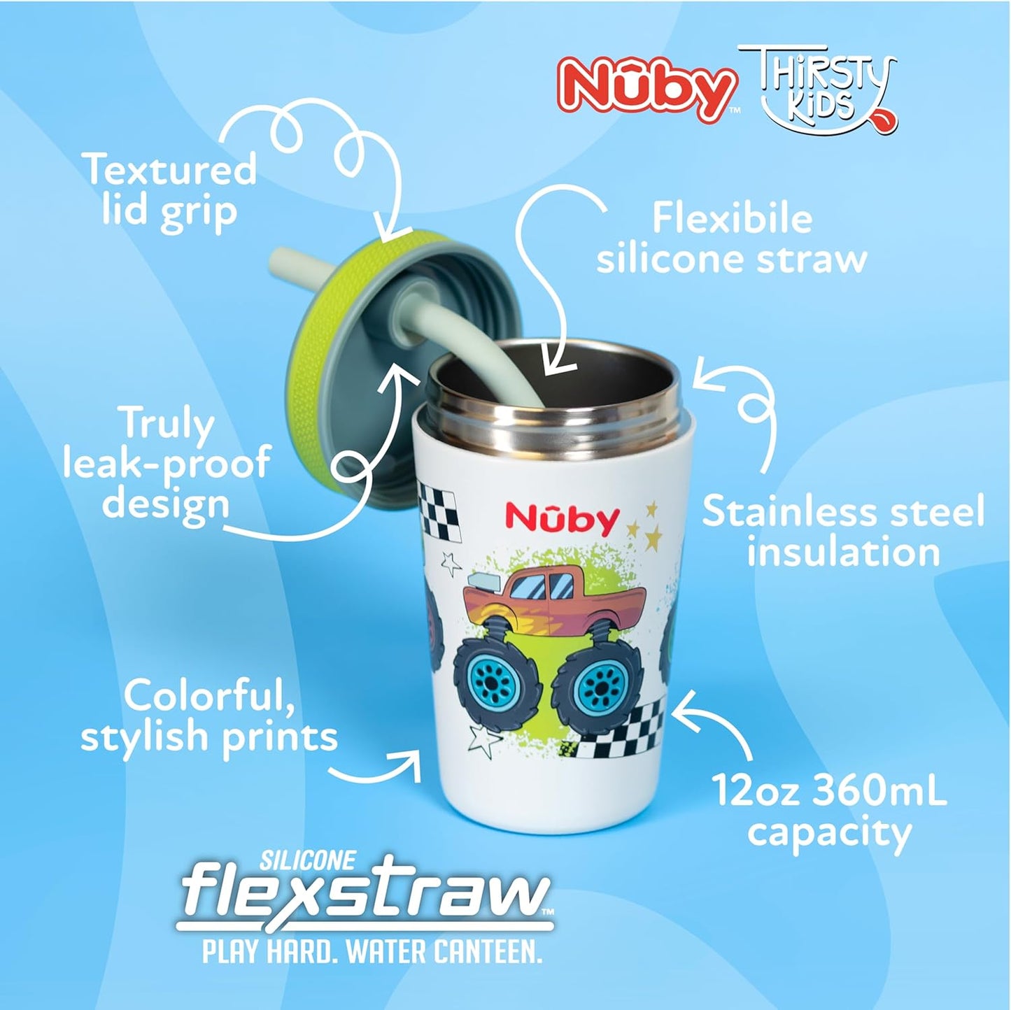 Nuby Insulated Toddler Cup - 12 oz Stainless Steel with Silicone Flex Straw - Leak-Resistant | Monster Trucks