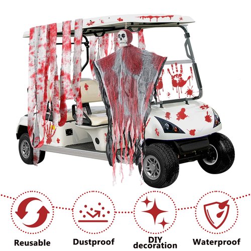 Halloween Golf Cart Decoration Kit Bloody Theme Include Blood Handprint Stickers, Blood-Stained Cloth Strip & Hanging Swing Ghost with Lights for Spool-tacular Rides