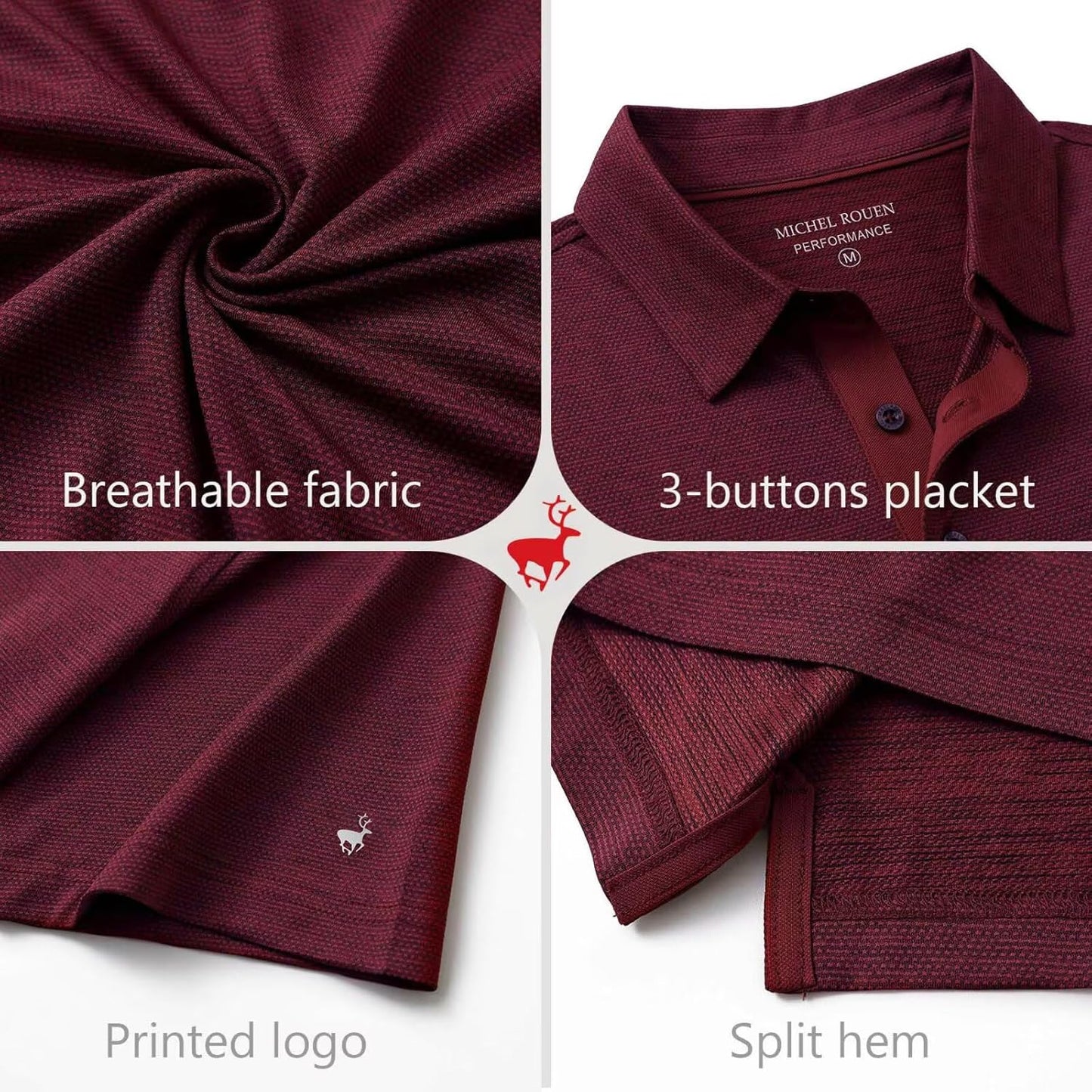 Rouen Men's Golf Shirts - Short Sleeve Quick-Dry Breathable Polo | Heather Jacquard Regular Fit