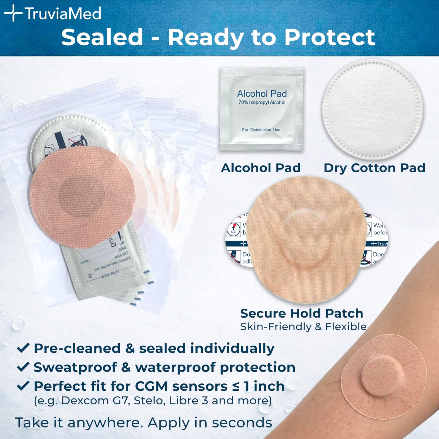 Waterproof Adhesive Over Patches for Dexcom G7, Stelo, Lingo, Libre, 25 Pack Skin Grips, Patch CGM Covers, Overlay Grip Cover, Sensors Tape Stickers, Overpatches Glucose Guards (Sensor Not Included)