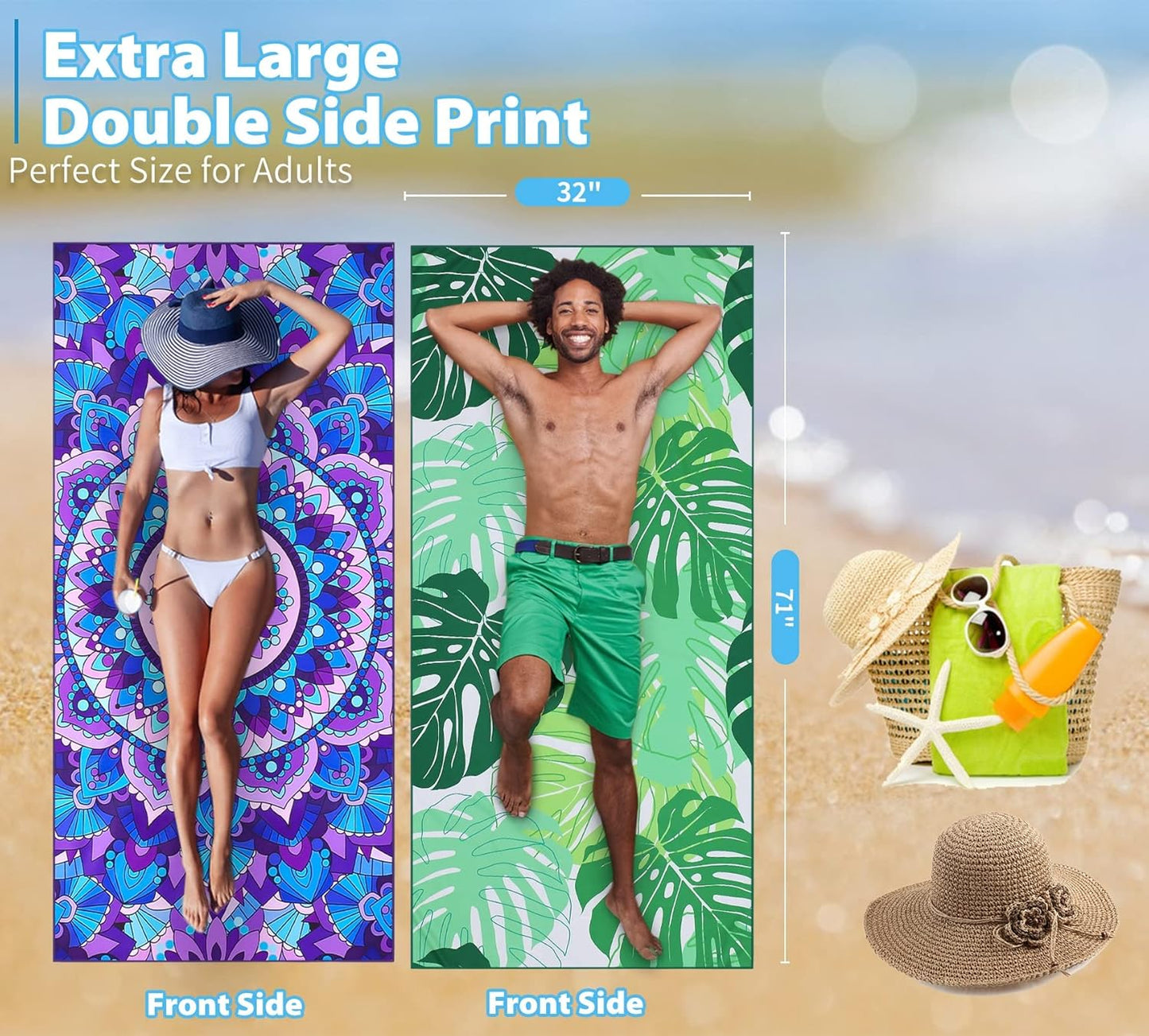 TwoYek Microfiber Beach Towels - Lightweight, Quick-Dry, Oversized 71x32 | Sand-Free Travel & Sports Essential