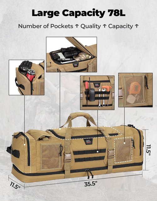 KEMIMOTO Hunting Duffel Bag - 78L Large Capacity Tactical Gear Bags Storage Cases for Hunters Travel Hiking Fishing Camping, Multi Pocket Design, Blown Backpackable