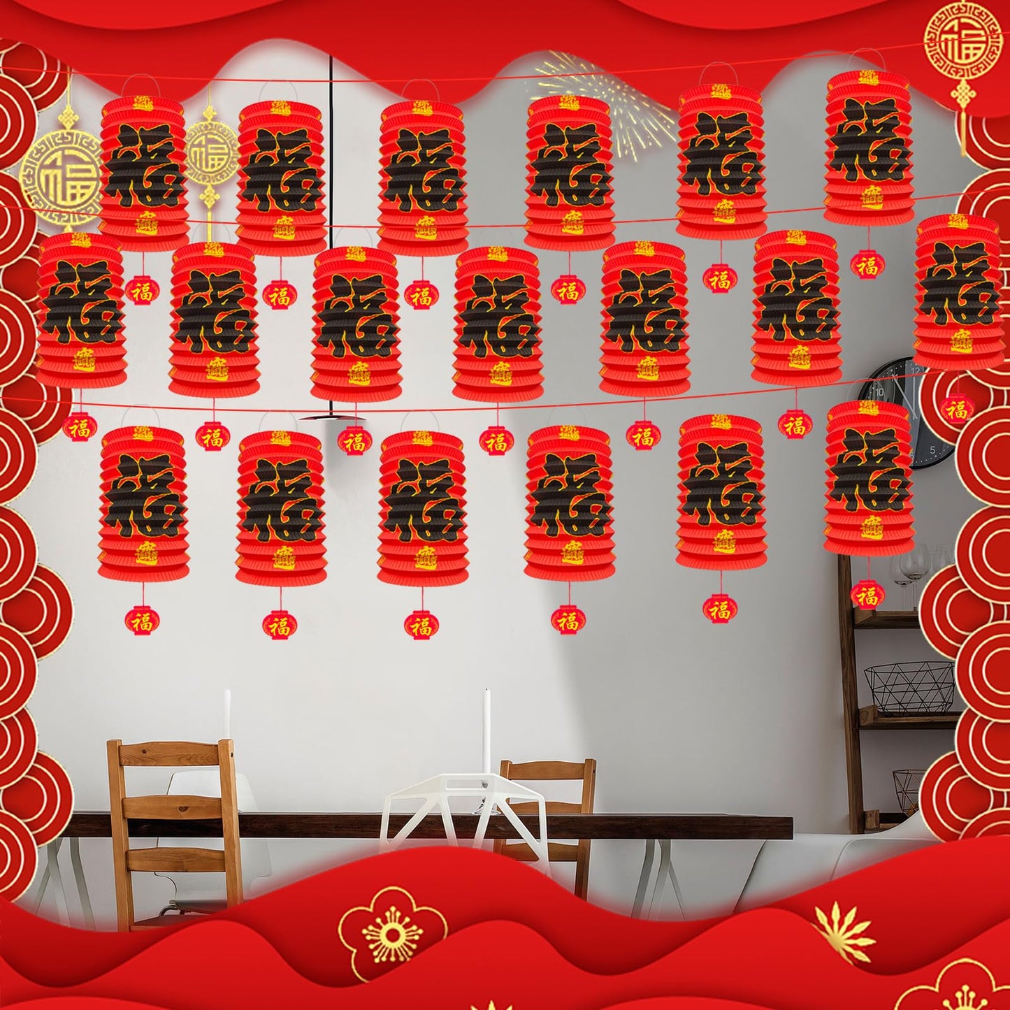 6Pcs Chinese New Year Decorations 2025, 6.3*9.8In Year of The Snake Red Fu Lanterns Lunar Spring Festival Ceiling Hanging Paper Lanterns Lamp Party Supplies Decor for Birthday Wedding Restaurant Store