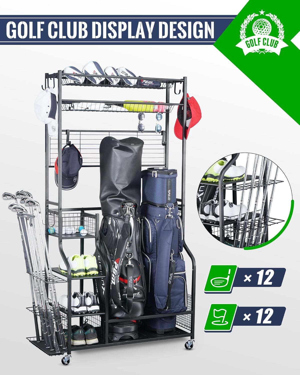 Mythinglogic Golf Bag Storage Organizer - 2-Bag Stand with 4 Removable Hooks for Golf Equipment