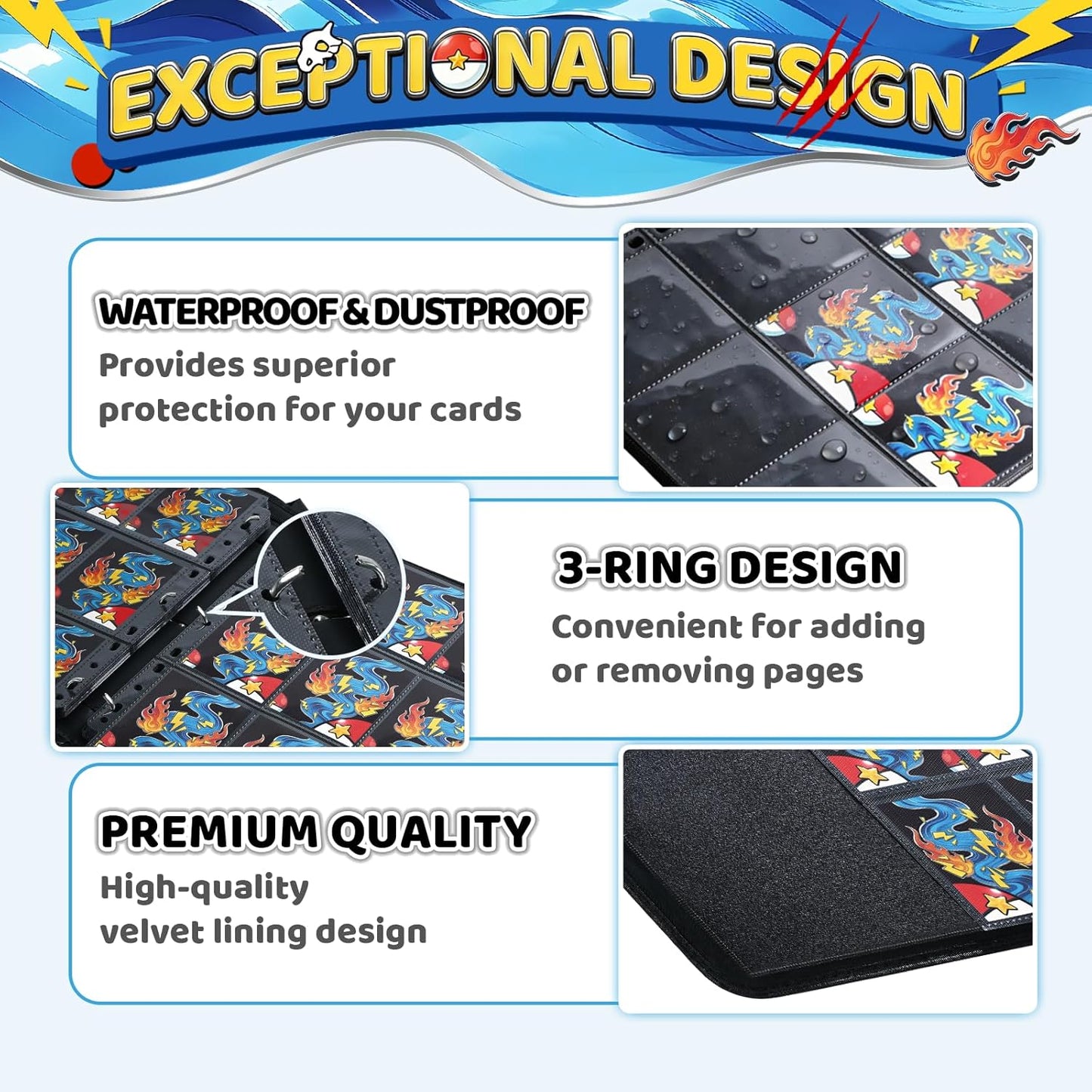 Skiennix Trading Card Binder - 900-Pocket Waterproof Holder with 50 Removable Sleeves | Aqua Breath