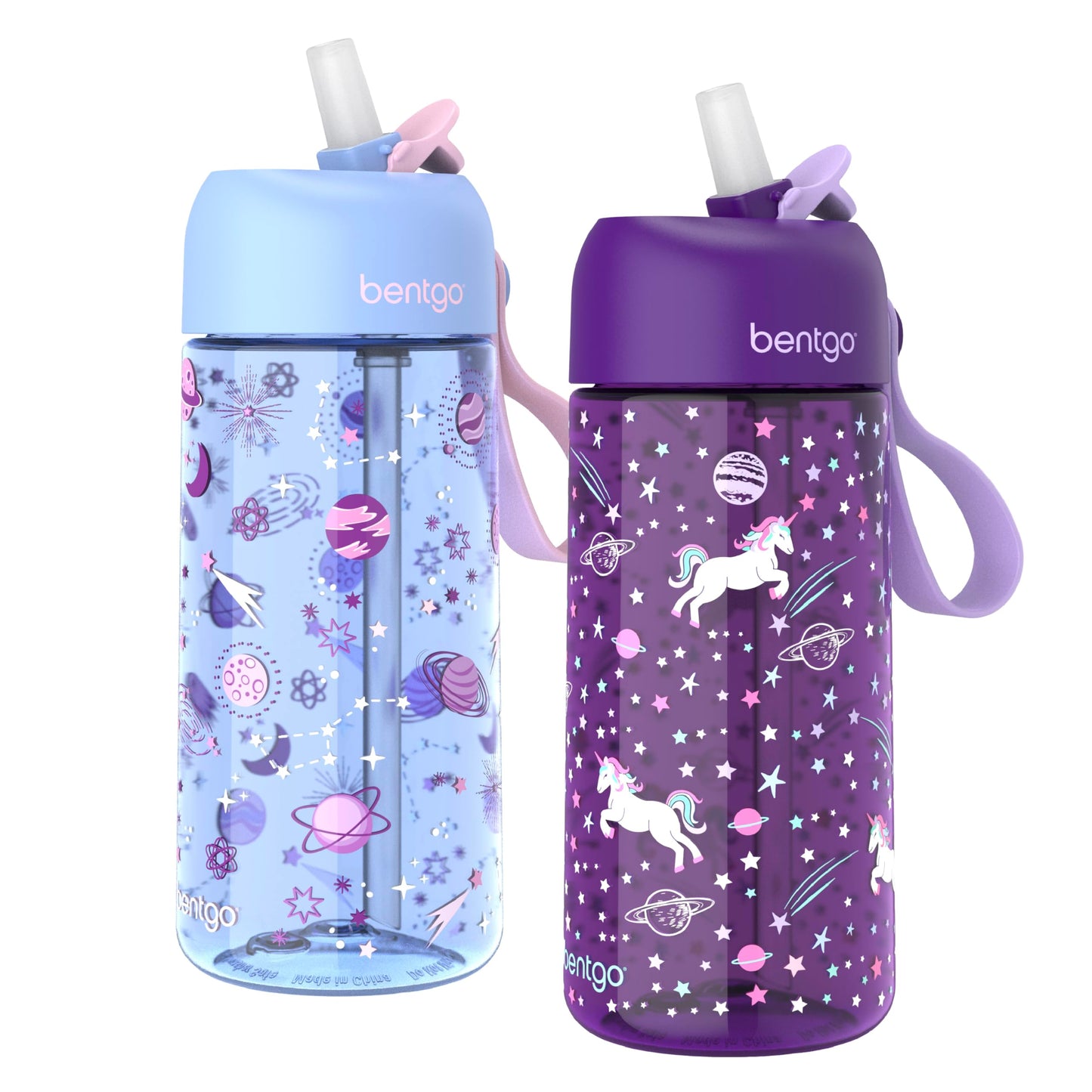 Bentgo Kids Water Bottle 2-Pack - Leak-Proof Durable Tritan BPA-Free 15 oz Cup for Kids/Toddlers Ages 3+; Bite & Sip Spout + Dishwasher Safe for School/Sports/Daycare/Camp (Unicorn/Lavender Galaxy)