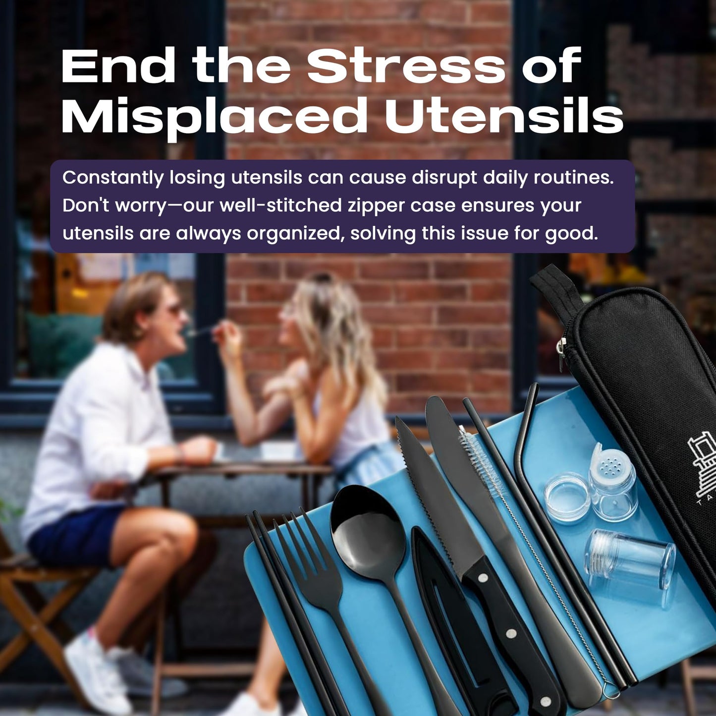 Taplord Portable Travel Silverware Set With Case, Includes 10 Pcs of Travel Utensils With Case, Stainless Steel Flatware Set For Camping, Lightweight (Black)