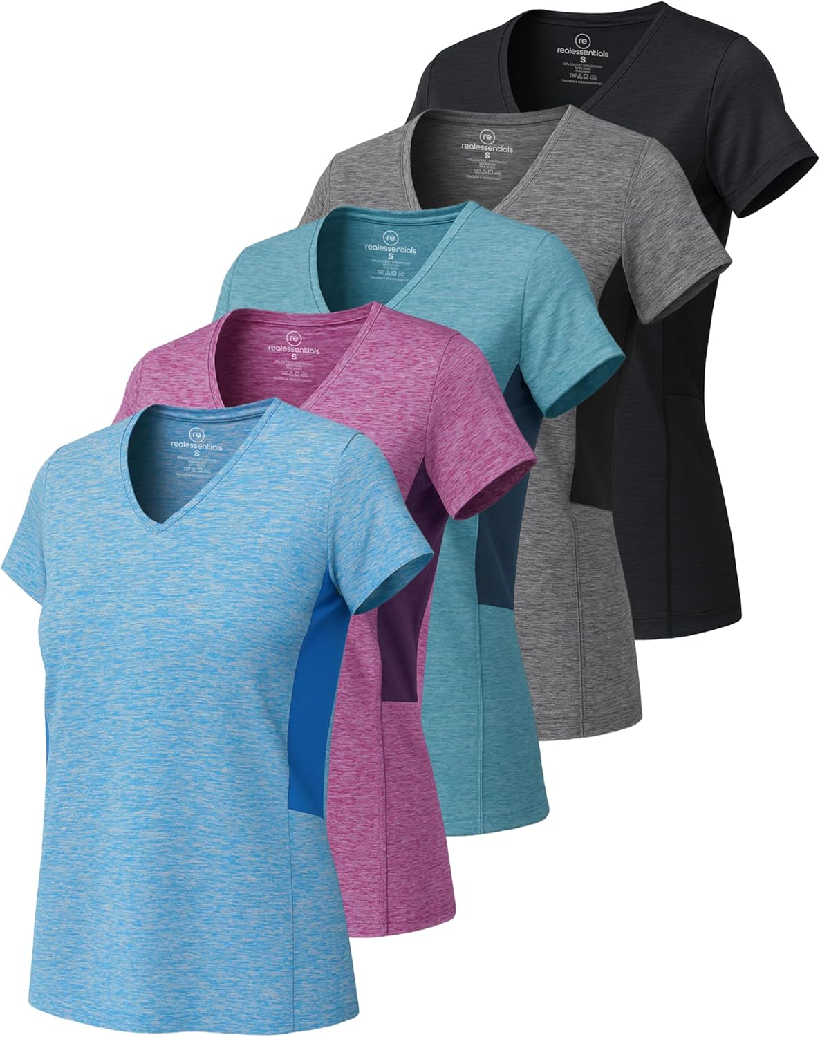 Real Essentials Women's Dry-Fit V-Neck T-Shirt | 5-Pack Workout & Yoga Tops in Plus Size