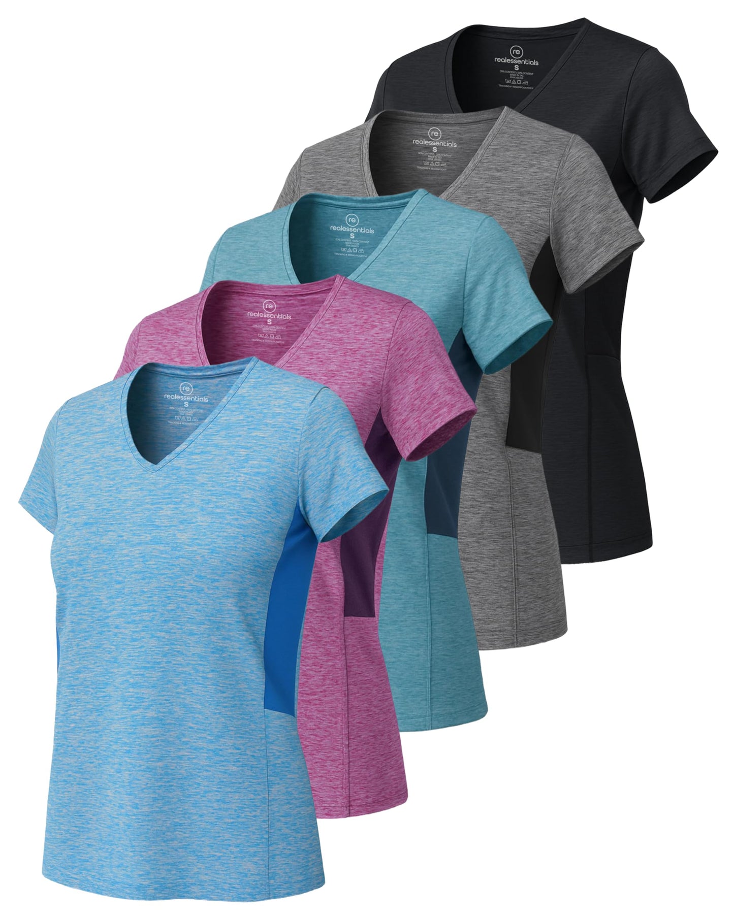 Real Essentials 5 Pack: Women's Dry-Fit Short Sleeve V Neck T Shirt Workout Fitness Yoga Top Tee, Set 4, L