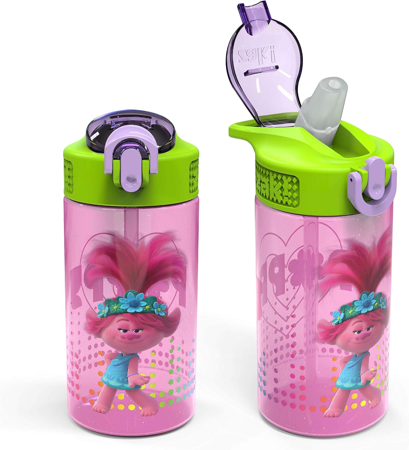 Zak Designs DreamWorks Trolls 2 Kids Water Bottle - Durable Leak-Proof Design | 16oz, 2-Pack