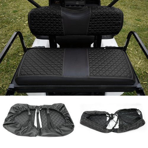 Golf Cart Rear Seat Covers for EZGO/Club Car/Yamaha, Waterproof Marine Grade Vinyl Leather Golf Cart Seat Cover Replacement, No Stapler Required, Golf Cart Accessories (For Aftermarket Rear, Black)