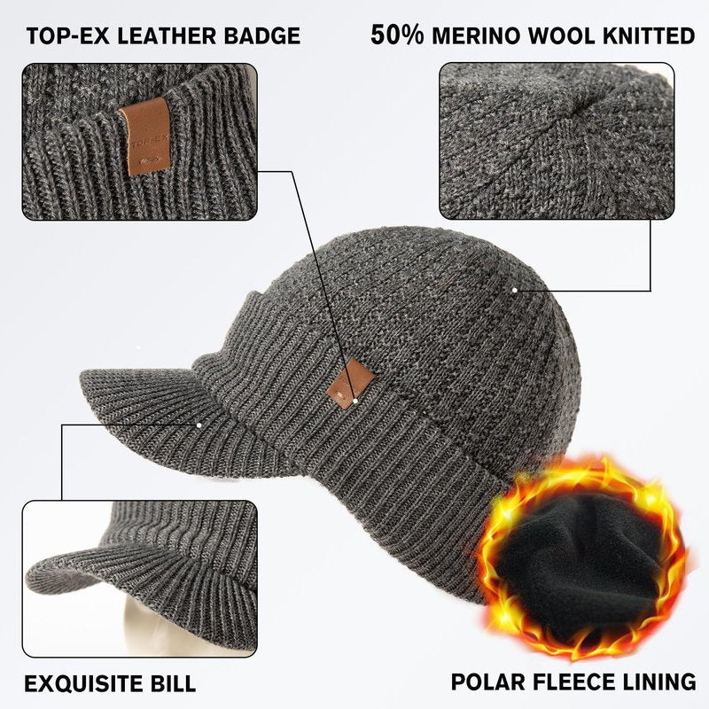 TOP-EX Waterproof Visor Beanie Hat for Men Winter Knit Skull Stocking Cap with Brim Women, Merino Wool & Fleece Lined & Water Proof Headwear for Cold Weather Gray M/L