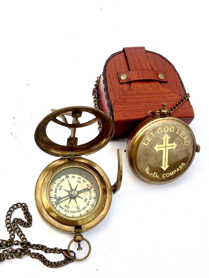 Varth Antique Brass Pocket Compass Vintage Nautical Gift with Famous Scripture Quote Engraved Baptism Gifts with Leather Case for Loved Ones, Son, Love, Partner