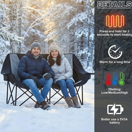 Low Double Heated Double Camping Chair for Adults, Oversized 660lbs Camping Chair with 4 Heating Zones & 3 Heat Levels Folding Seat with Padded for Outdoor Sports Lawn Hunting, Use 5v/3a Power Bank