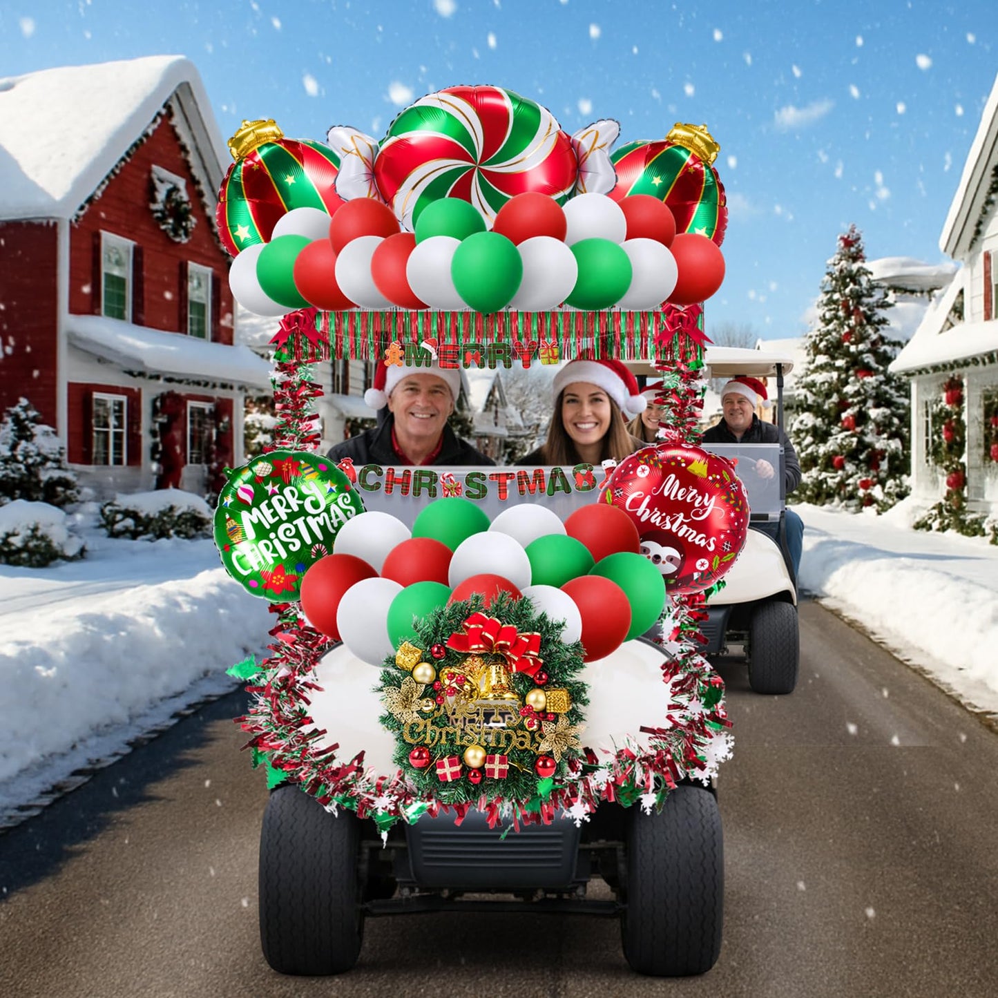 JolliLudo 68 Pcs Christmas Parade Golf Cart Decoration Kit with Red Green White Themed Tinsel Garland, Bows, Banner, Balloons and Stickers for Holiday Parade Party Supplies