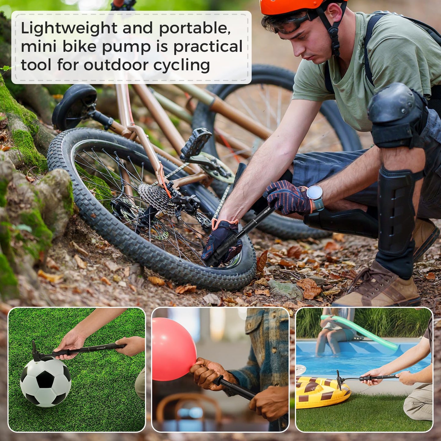NUWAB Mini Bike Pump with Gauge, 10 Inch Portable Hand Bicycle Pump, 100PSI, Support Shrader and Presta, Fast Air Out Ball Pump, Work with All Bikes and Balls, Swimming Ring