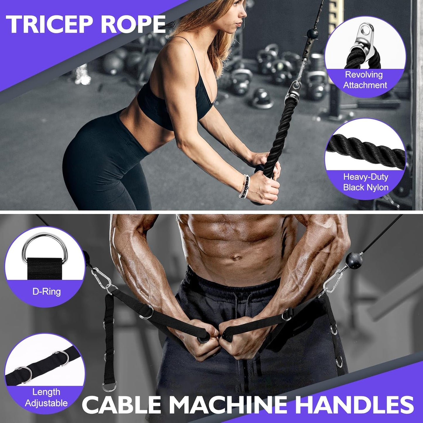 Skiennix Cable Machine Attachments Set - LAT Pulldown Bar & Tricep Rope for Home Gym