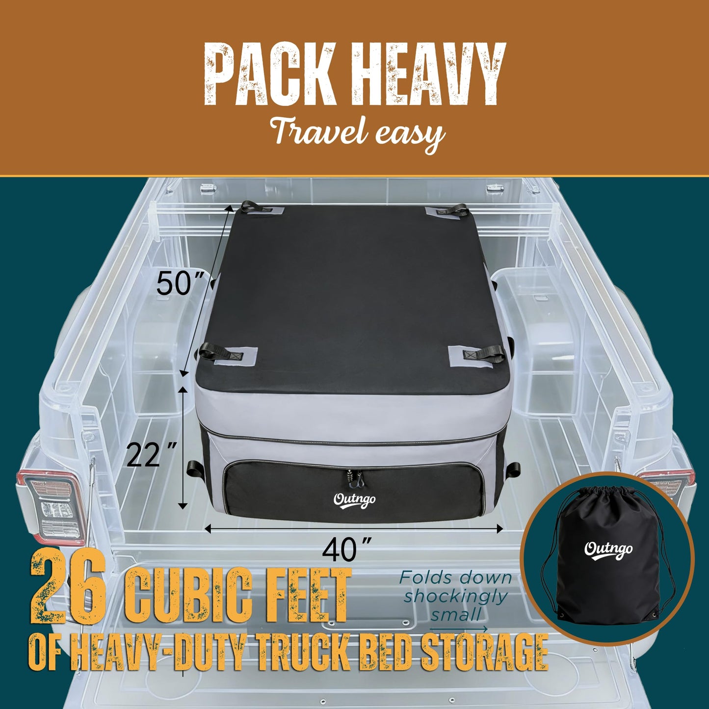 Outngo Truck Bed Cargo Bag-Waterproof Luggage Bag For Truck Bed 26 Cu. Ft Heavy-Duty PVC Truck Bed Waterproof Storage Fits Any Truck Size Dual Opening 4 Stretch Cord 2 Combination Lock (50"x40"x22")
