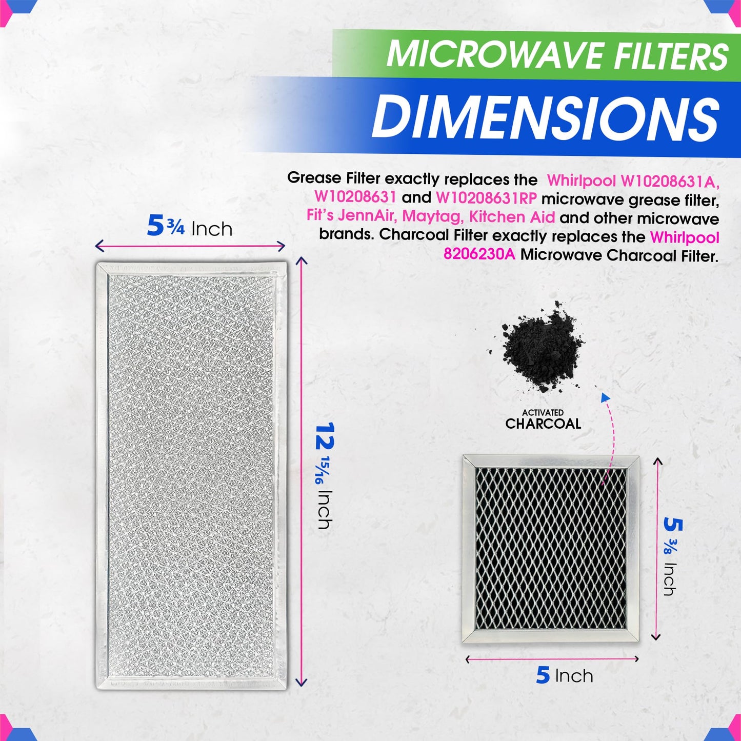 Bagean Grease Microwave Vent Filter W10208631A and Charcoal 8206230A Whirlpool Microwave Filter Replacement Combo Pack - Aluminum Mesh and Carbon Filters Refresh The Kitchen Stove Oven Air (2-Sets)