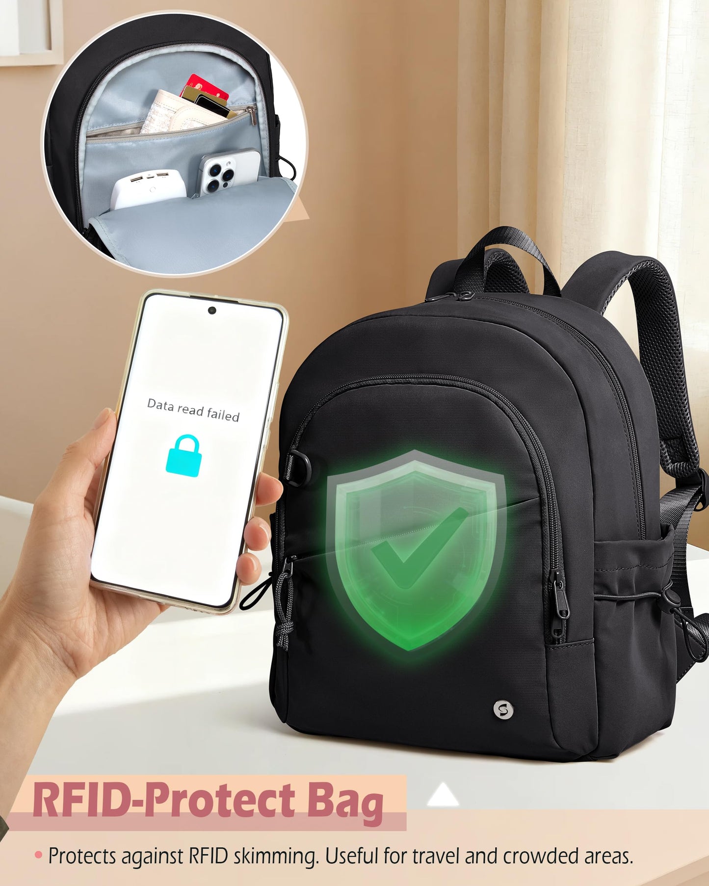 Smasrob Women Mini Backpack with Wet Pocket and RFID Blocking Pocket, Small Backpack Purse for Gym, Work, College or Travel, Black
