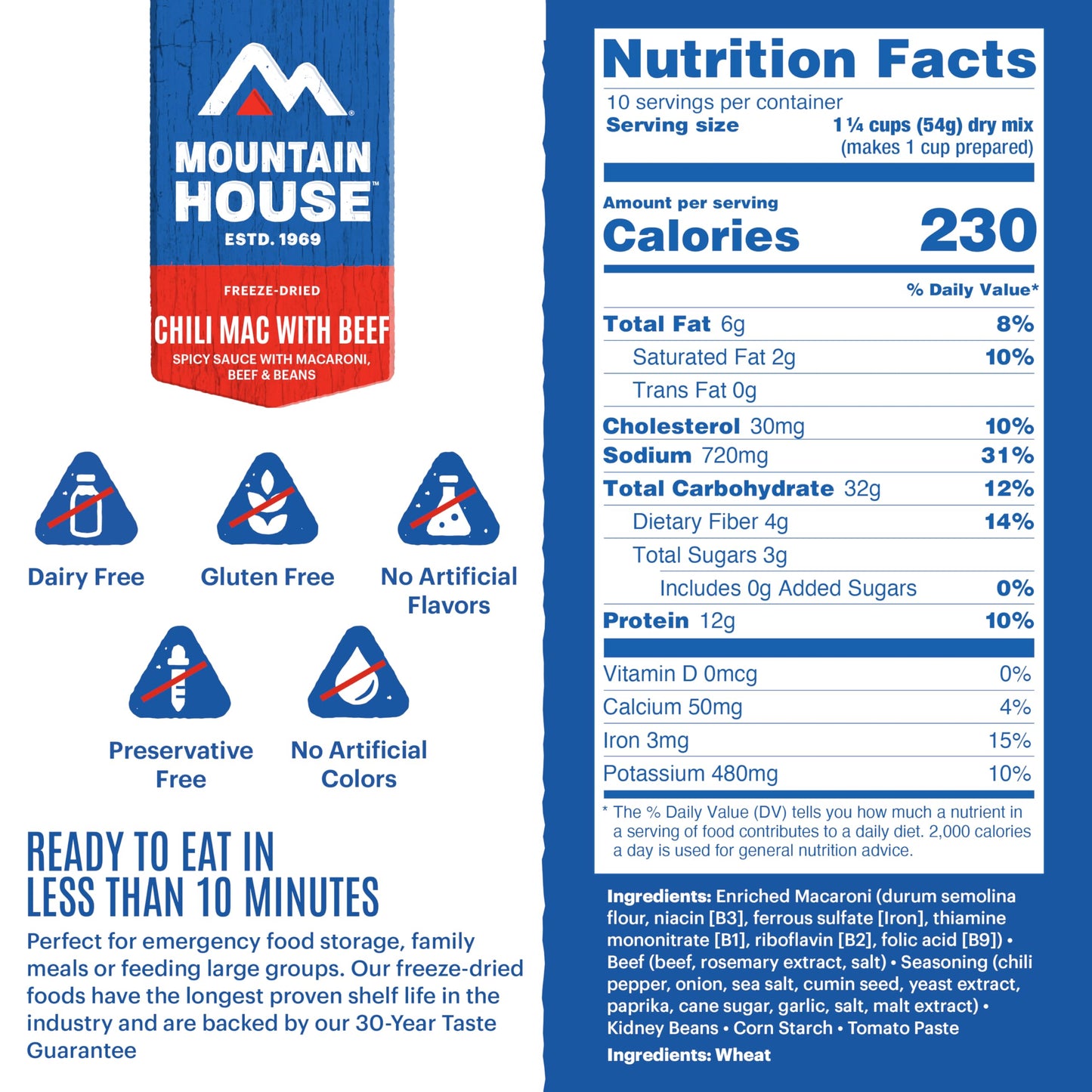 Mountain House Chili Mac with Beef & Freeze-Dried Food for Camping, 10 Servings, 30-Year Shelf-Life