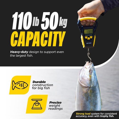 Beyond Fishing Digital Scale - Portable Fish Weigher with Built-in Tape Measure | LCD Display, Ergonomic Grip, 110lbs Capacity