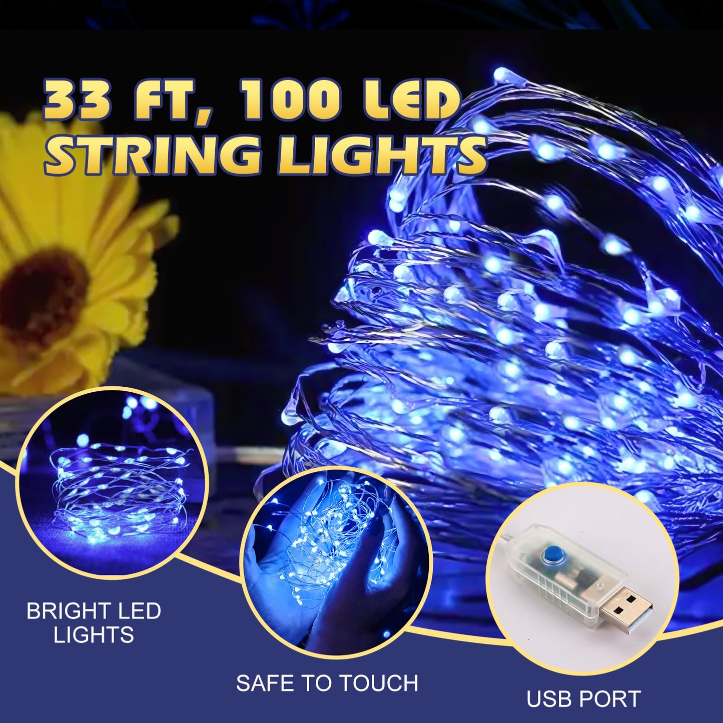 Ehome USB Fairy String Lights - 66 ft 200 LED Twinkle Lights with Remote, Timer & 8 Modes - Silver Wire, Waterproof, Indoor/Outdoor, DIY Party, Wedding - Blue