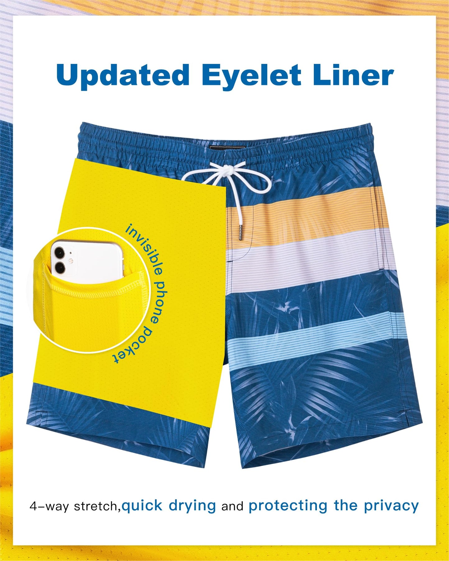 SURF CUZ Mens Swim Trunks with Compression Liner Quick Dry Swim Shorts 7" Swimming Trunks Stretch Bathing Suit Zipper Pockets,Oceanic Horizon,XXL