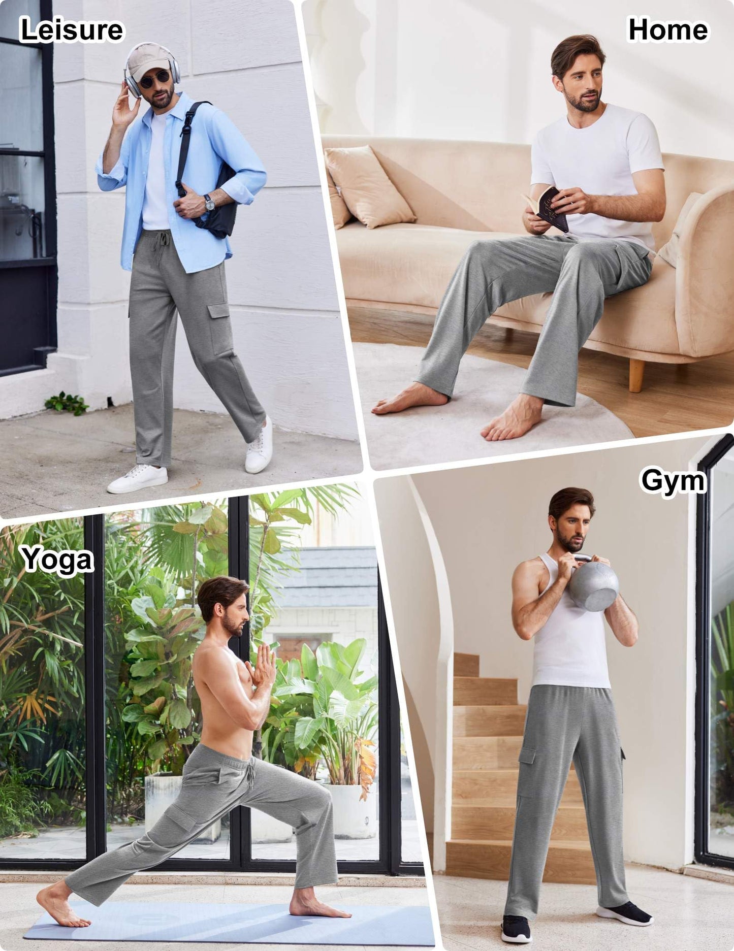 PINSPARK Cargo Sweat for Men Open Bottom Baggy Uncuffed Sweatpants Lounge Pants with Pockets Straight Leg for Casual Gym Light Grey