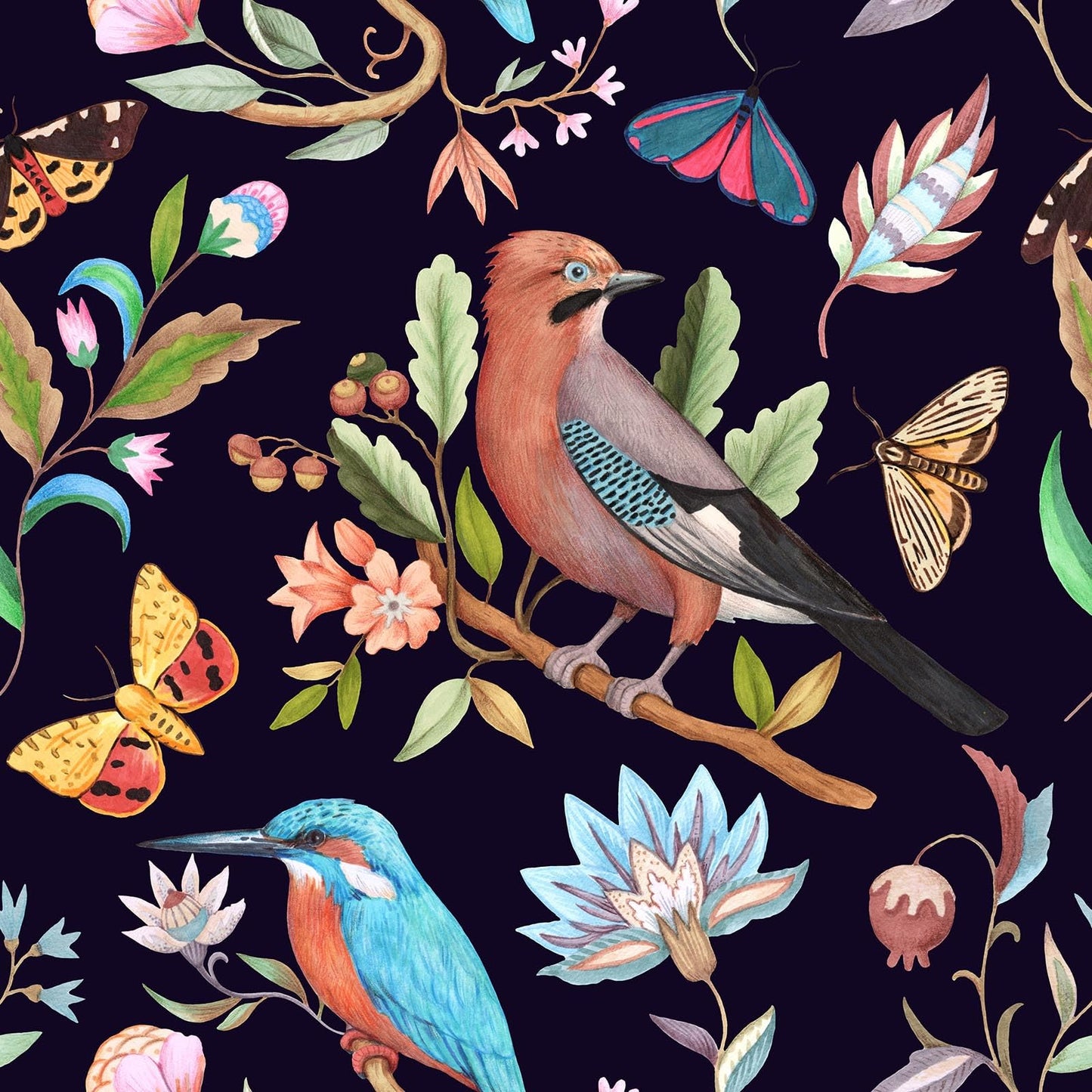 Wookmmy Vintage Black Floral Bird Peel and Stick Wallpaper Dark Botanical Design with Butterfly Removable Self Adhesive Vinyl Contact Paper for Cabinets Bathroom Wallpaper 17.7" x 70.8"