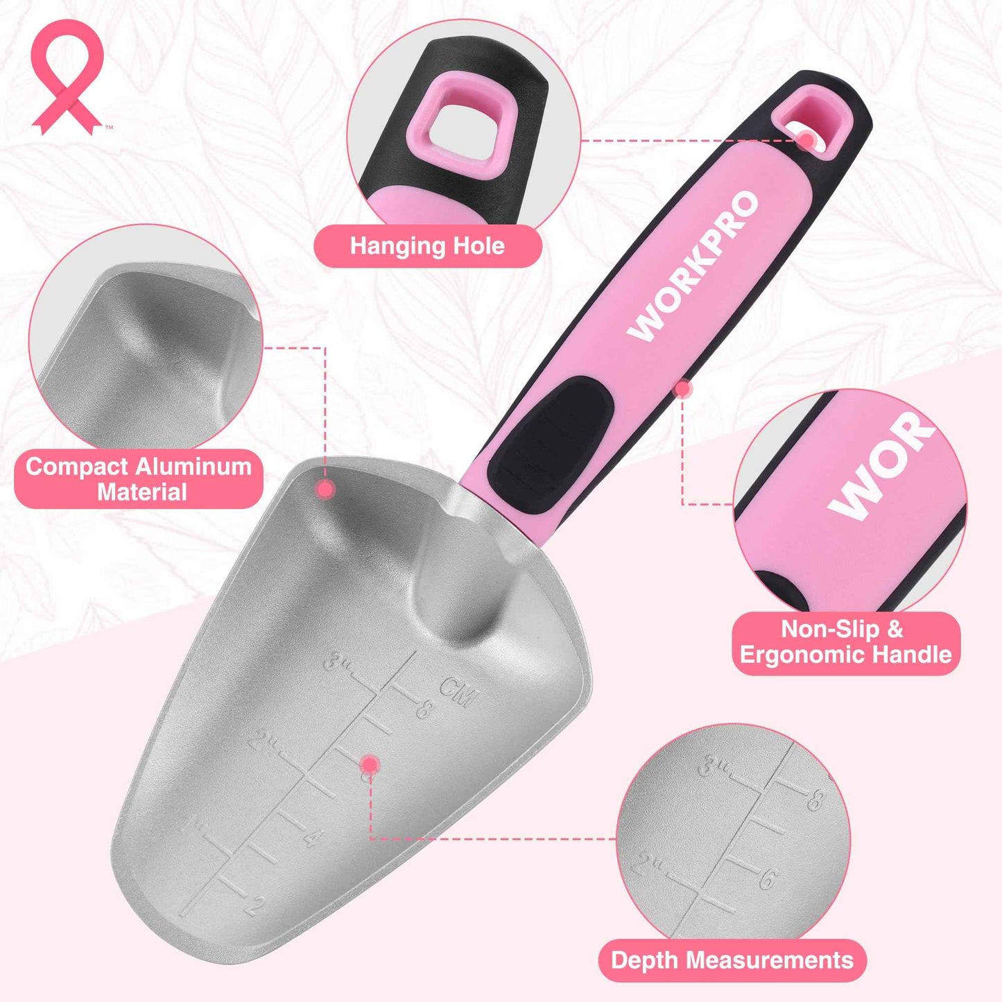 WORKPRO 5PCS Garden Tool Set, Powder Coating Compact Aluminum Gardening Tool Set with Repotting Mat, Outdoor Garden Hand Tools, Ideal Gardening Gift, Pink Ribbon