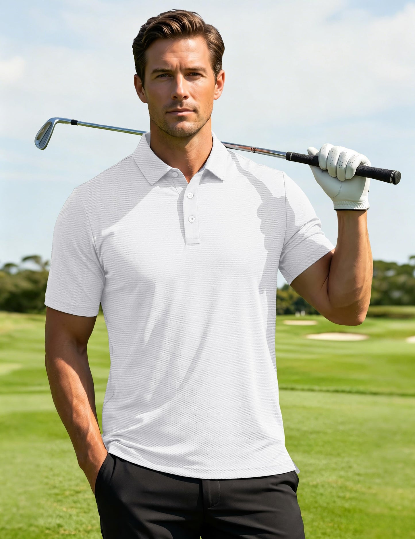 MAGCOMSEN White Polo Shirts for Men Short Sleeve Performance Moisture Wicking Golf Polos Athletic Work Casual Plain Collared Shirt