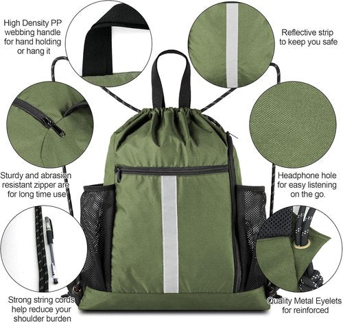 BeeGreen Moss Green Drawstring Bag - Heavy-Duty Sport Cinch Sack with Shoe Compartment & Mesh Pockets