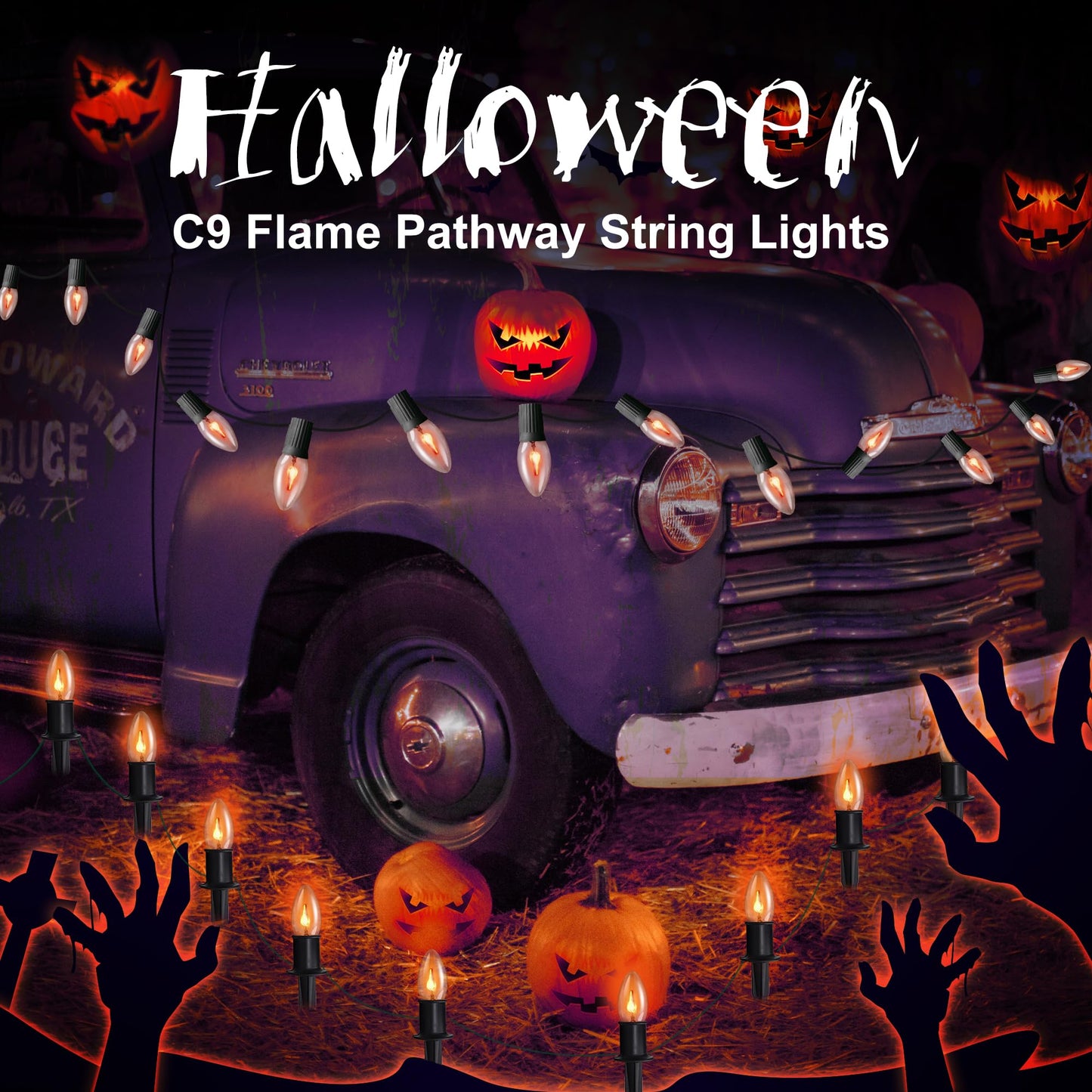 Flickering Flame String Lights Outdoor - C9 Pathway Flicker Fire Light Strand Plug in - Blood Twinkle Flames Light Bulbs for Fireplace Walkway - Halloween Decorations Twinkling Orange Bulb Lights