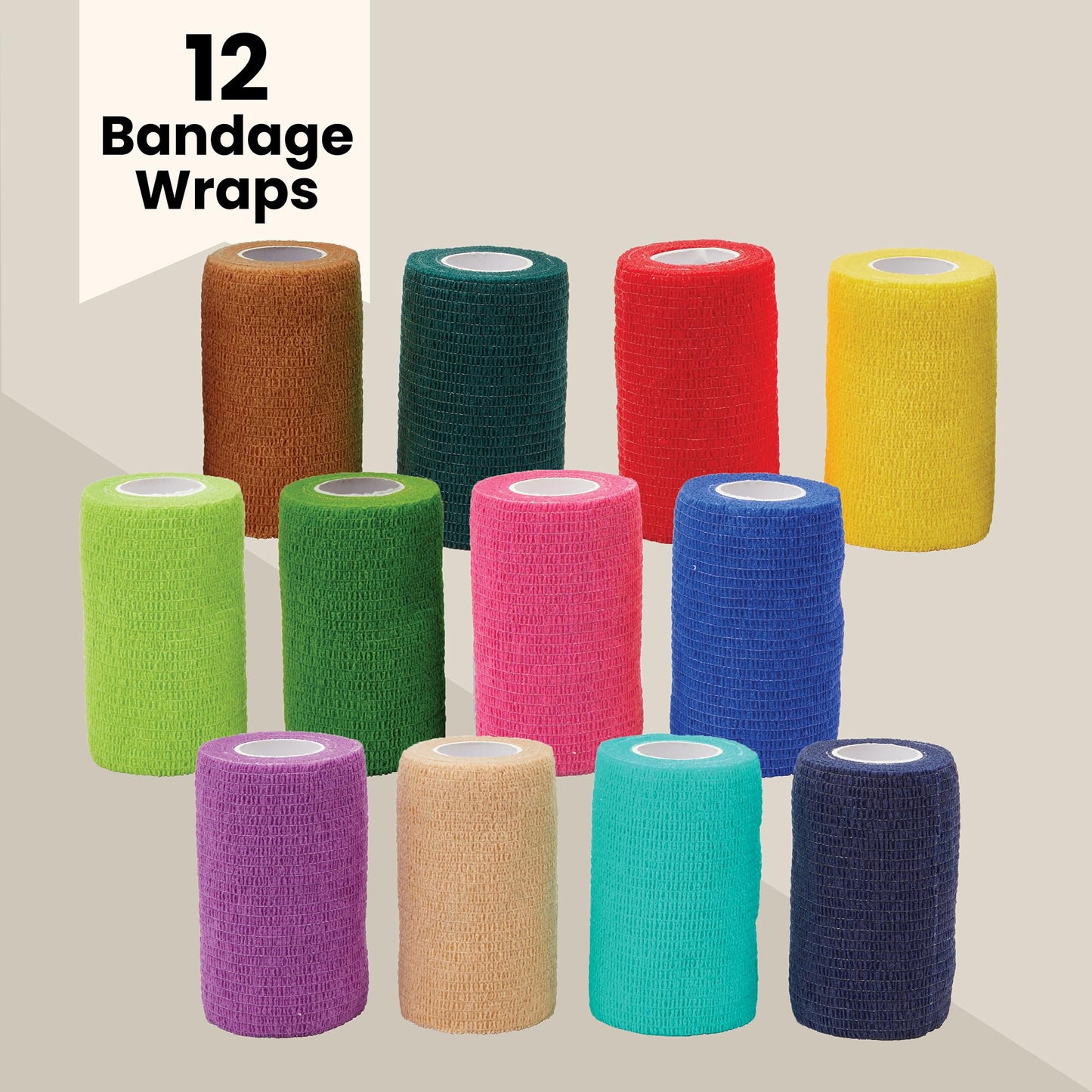 Juvale Cohesive Bandage Vet Wrap Rolls - Sprain & Strain Support Elastic Bandage & Vet Wrap for Dogs & Horses - Self-Adherent Dog Wound Care Tape - First Aid & Sports Tape - 12 Count, 4 in x 5 yd