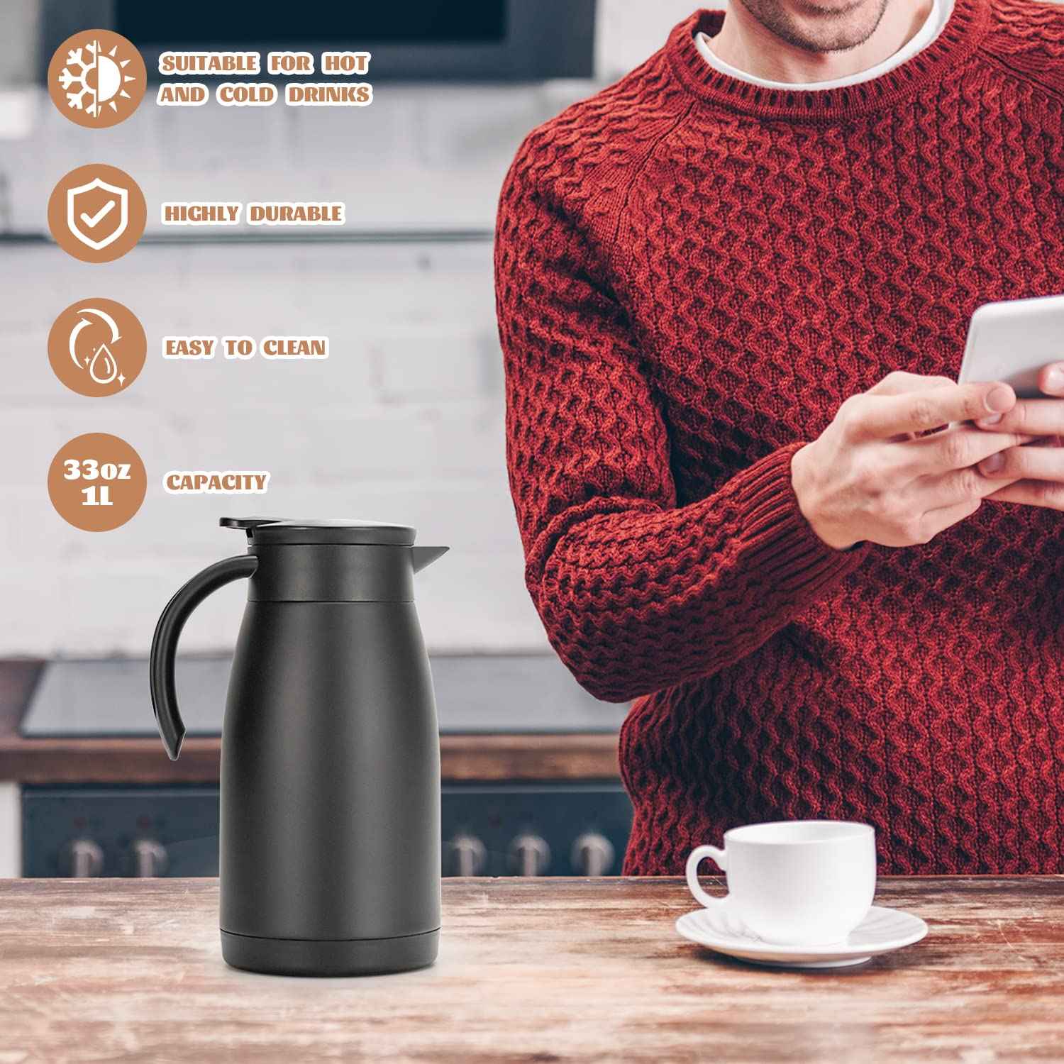Olerd 34 Oz Thermal Coffee Carafe, Stainless Steel Insulated Vacuum Coffee Carafes For Keeping Hot, 1 Liter Tea, Water, and Coffee Beverage Dispenser(Black)