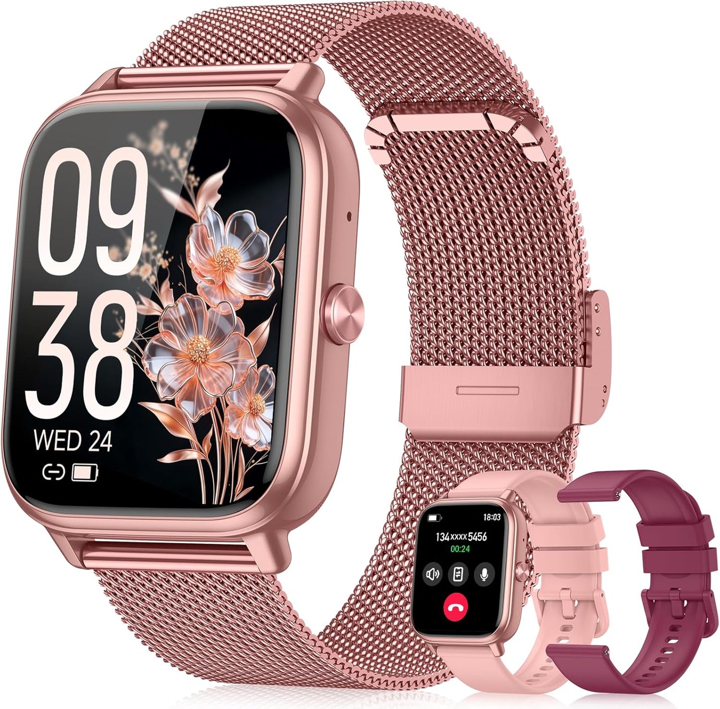 Skiennix Smart Watch | Fitness Tracker with 1000mAh Battery & Sleep Monitor - Pink, 3 Straps, 110+ Sports Modes