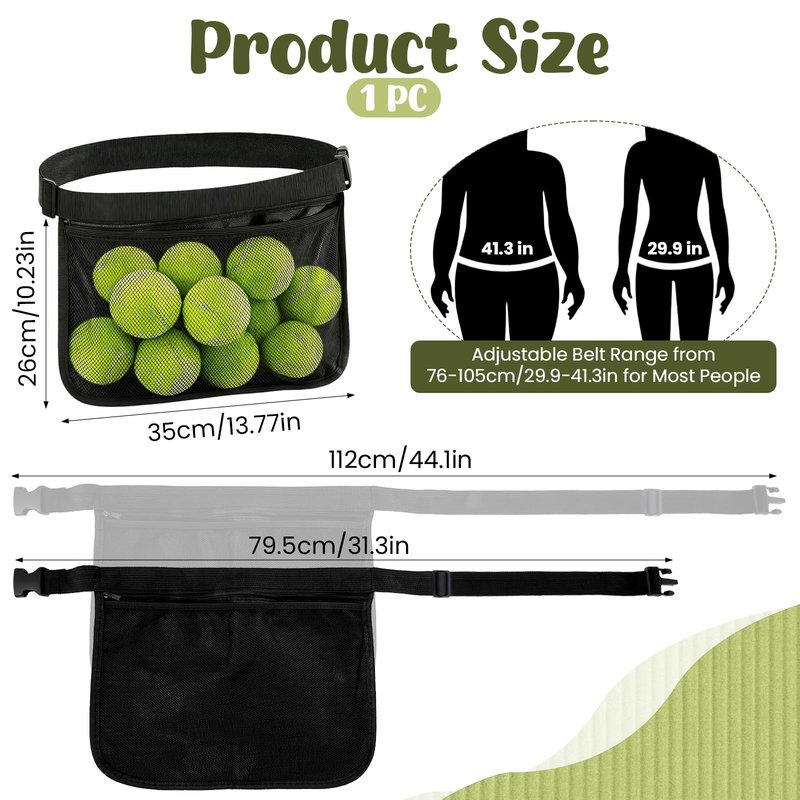 Alrhso Tennis Ball Waist Bag Tennis Ball Holder Waist Mesh Pickleball Bag Holder Carrier Adjustable Belt Holders for Pickleball with Waistband Clips for Training, Black