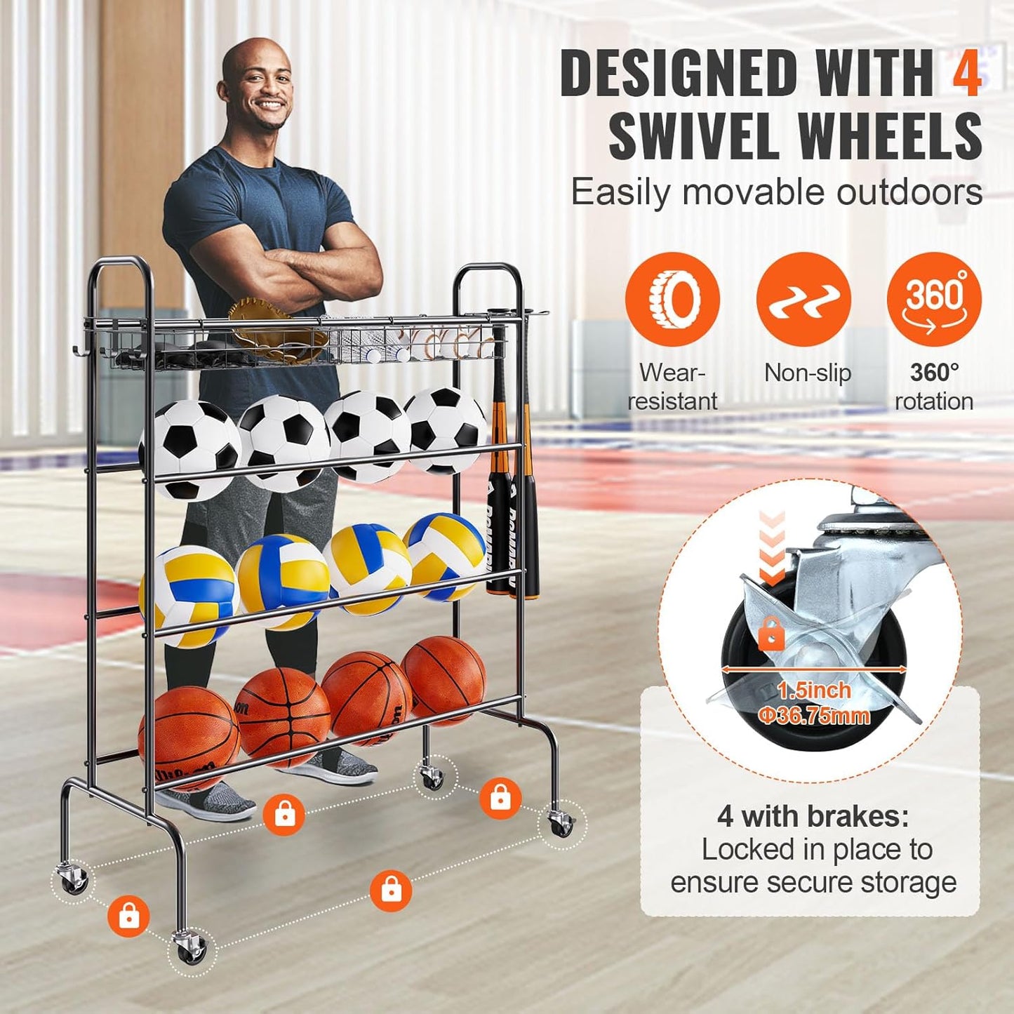 VEVOR Sports Ball Storage Cart - Lockable Basketball Cage with Double Lids | Steel Organizer for Indoor & Outdoor Use