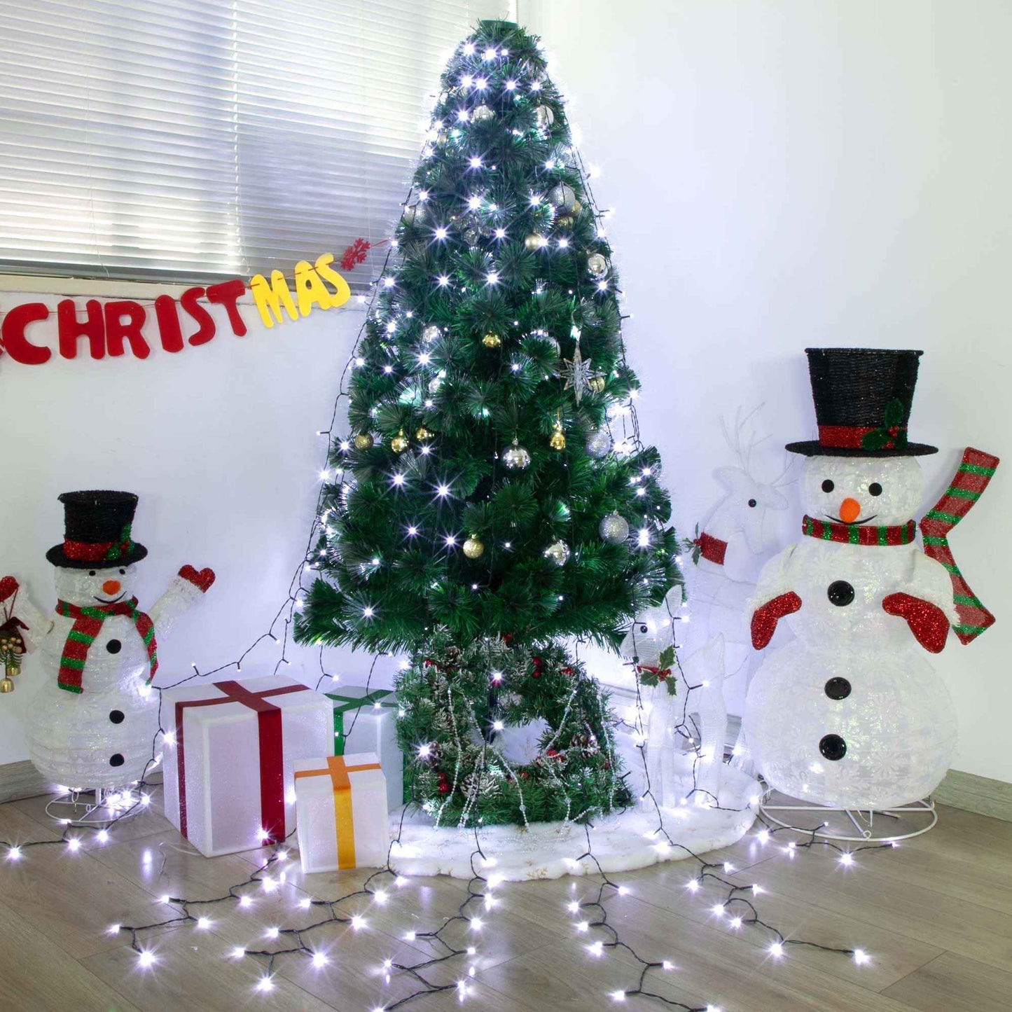 Outdoor 8.1 FT 16 Lines White Christmas Tree Lights with Ring, 448 LED Christmas String Lights with 8 Modes& Timer, Cascading Twinkle Light for Xmas Tree Tent Party Yard Decoration