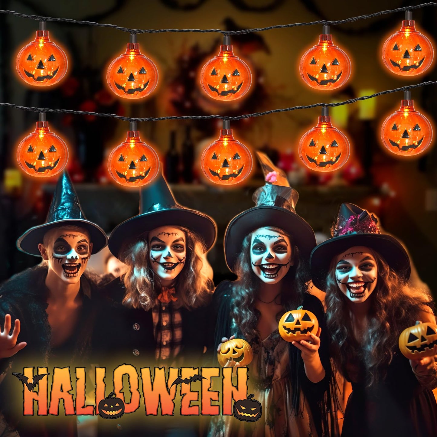 Couah Halloween Pumpkin LED String Lights, 8.5Ft Jack O Lantern Lights with 10 PCS Pumpkins Plug-in Waterproof for Outdoor Indoor Home Decorations