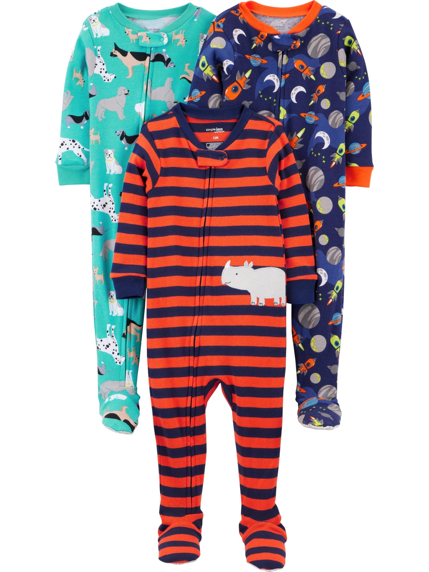 Simple Joys by Carter's Toddler Boys 3-pack Snug-fit Footed Cotton Pajamas, Dogs/Space/Rhino, 2T