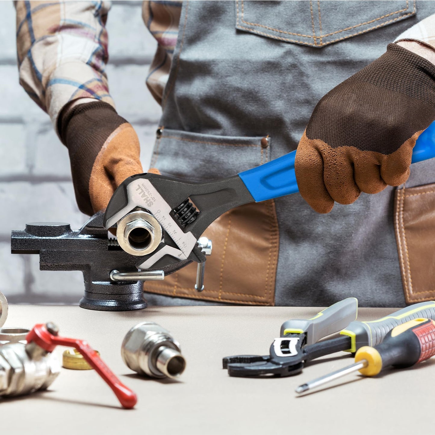 SHALL 10 Inch Adjustable Wrench, Cr-V Steel Spanner with Cushion Grip, Wide Jaw Black Oxide Wrench with Laser-etched SAE Scales for Home, Garage, Workshop and DIY